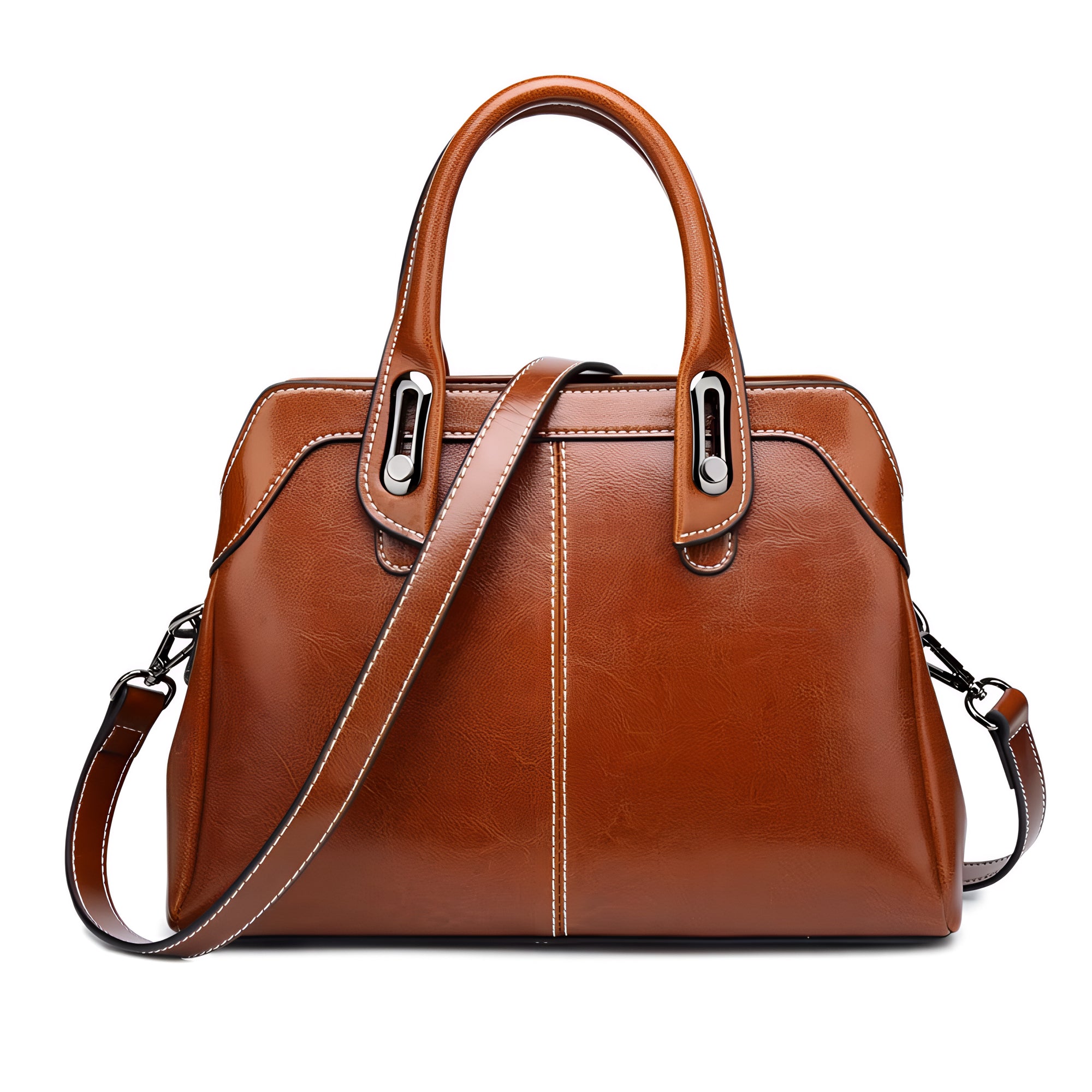 Echtleder Handtasche Damen Frontansicht, braune Leder Handtasche mit Schultergurt