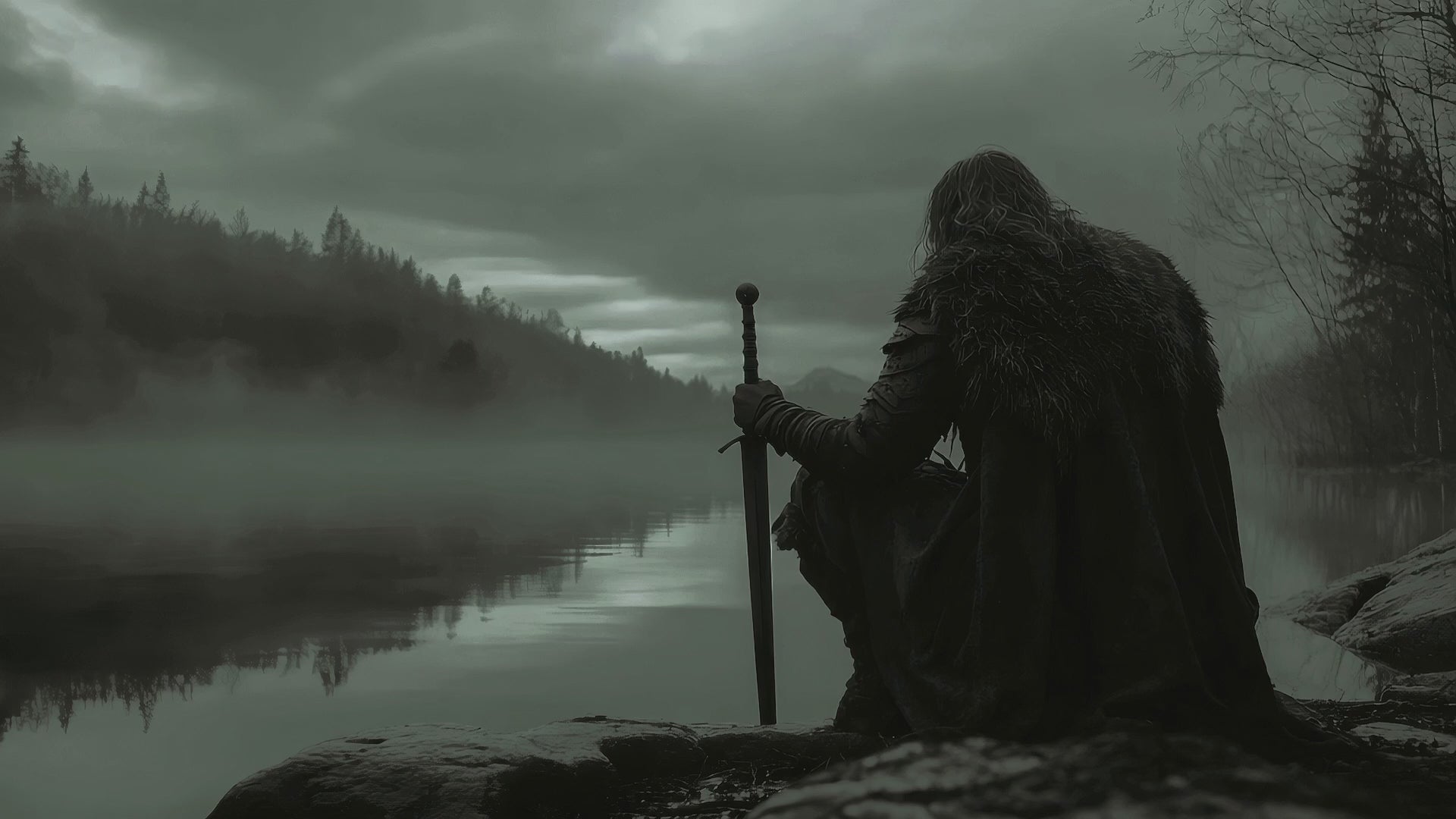 Wikingerkrieger mit Schwert am nebligen See – offizielles NORD|SKULLS Banner | Wikinger-Shop Europa