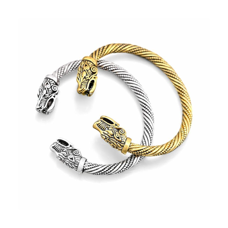 Wikinger Armring Damen FREYA als Set in Gold und Silber – nordischer Armreif mit Drachenköpfen